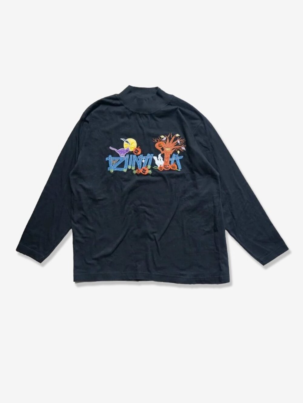 Vintage 90s Halloween Tee Embroidered Scary Whimsical Mock Neck Long Sleeve Top